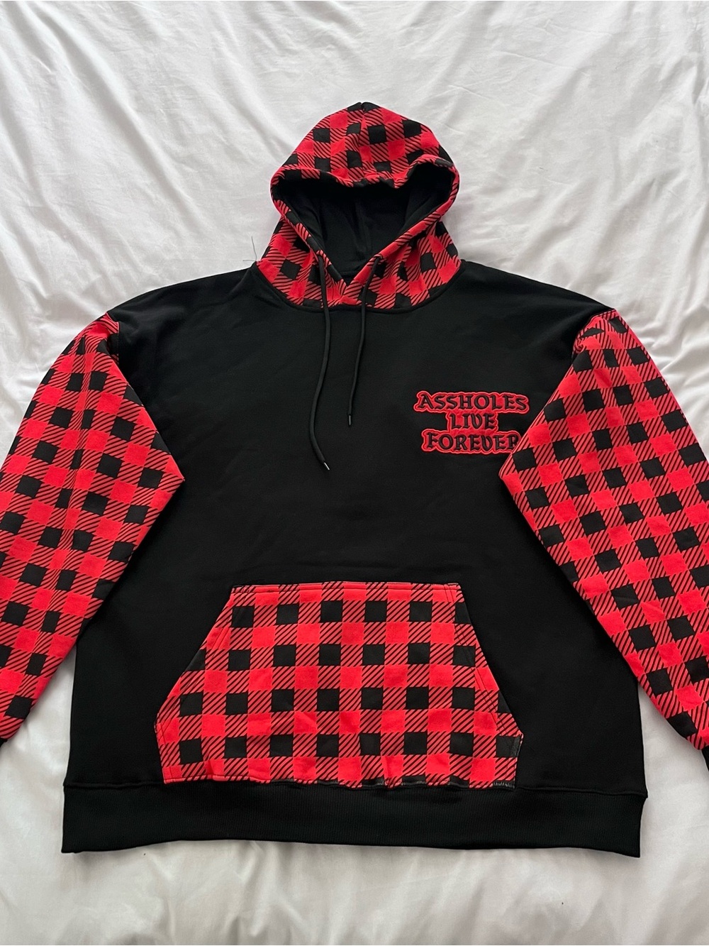 Assh*les Live Forever Hoodie Mens XL Black Red Buffalo Check Plaid Pullover